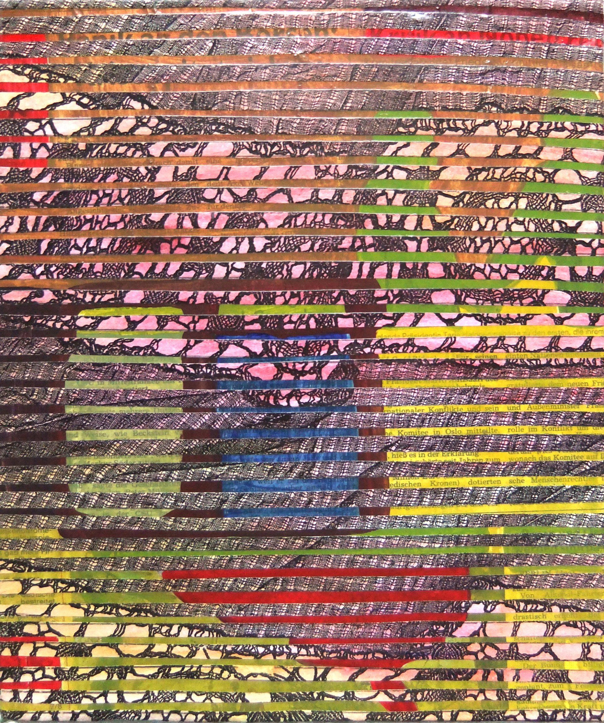 Knitte roter mund , multituned 24 x30 cm remix black & white fotocopied textile patterns, acryl on canvas, 2008 Betty Stürmer, painting, collage