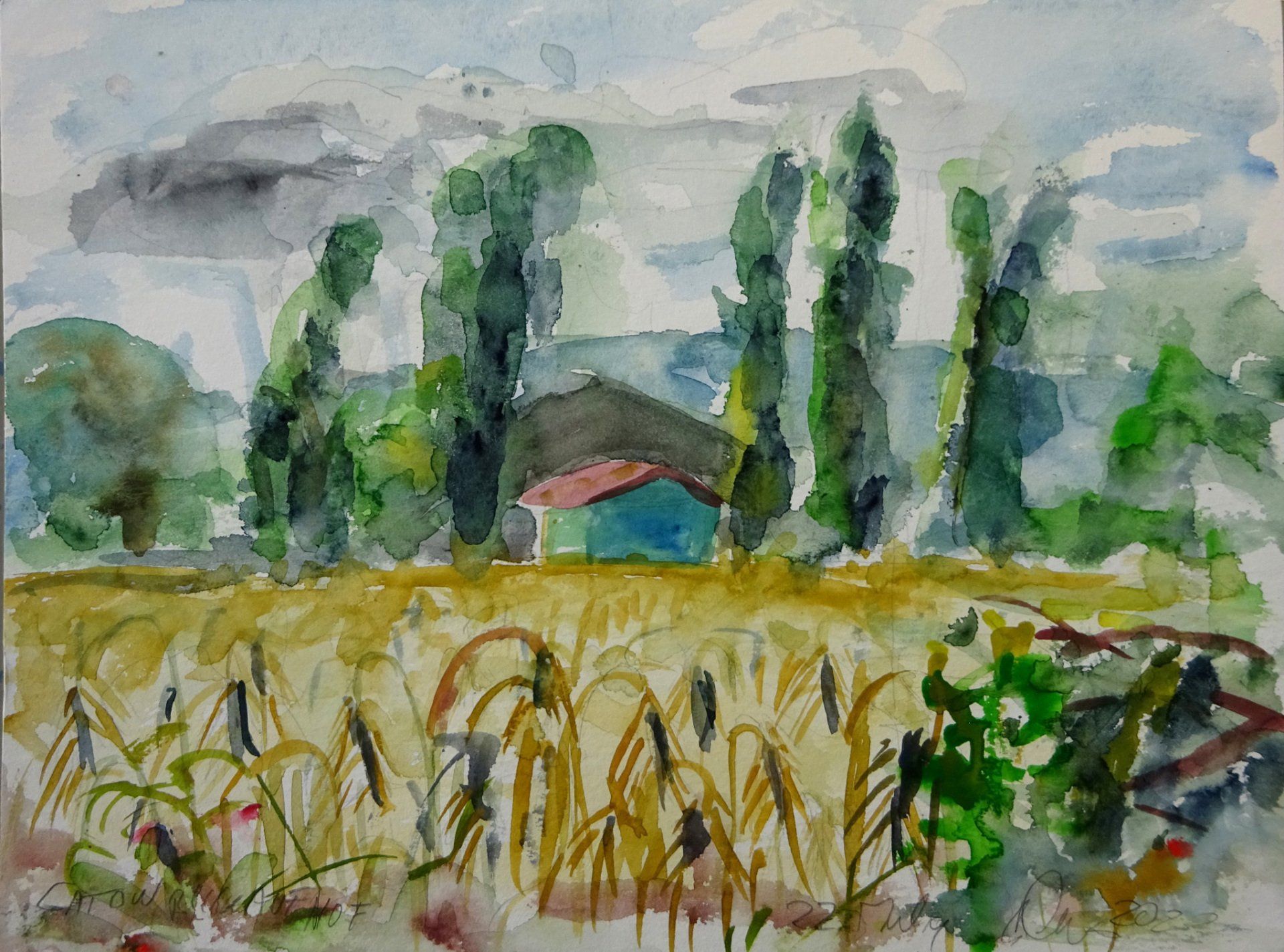 Blick auf Vierseithof-Gatow, Aquarell, 24x32 cm, Betty Stürmer, 2020