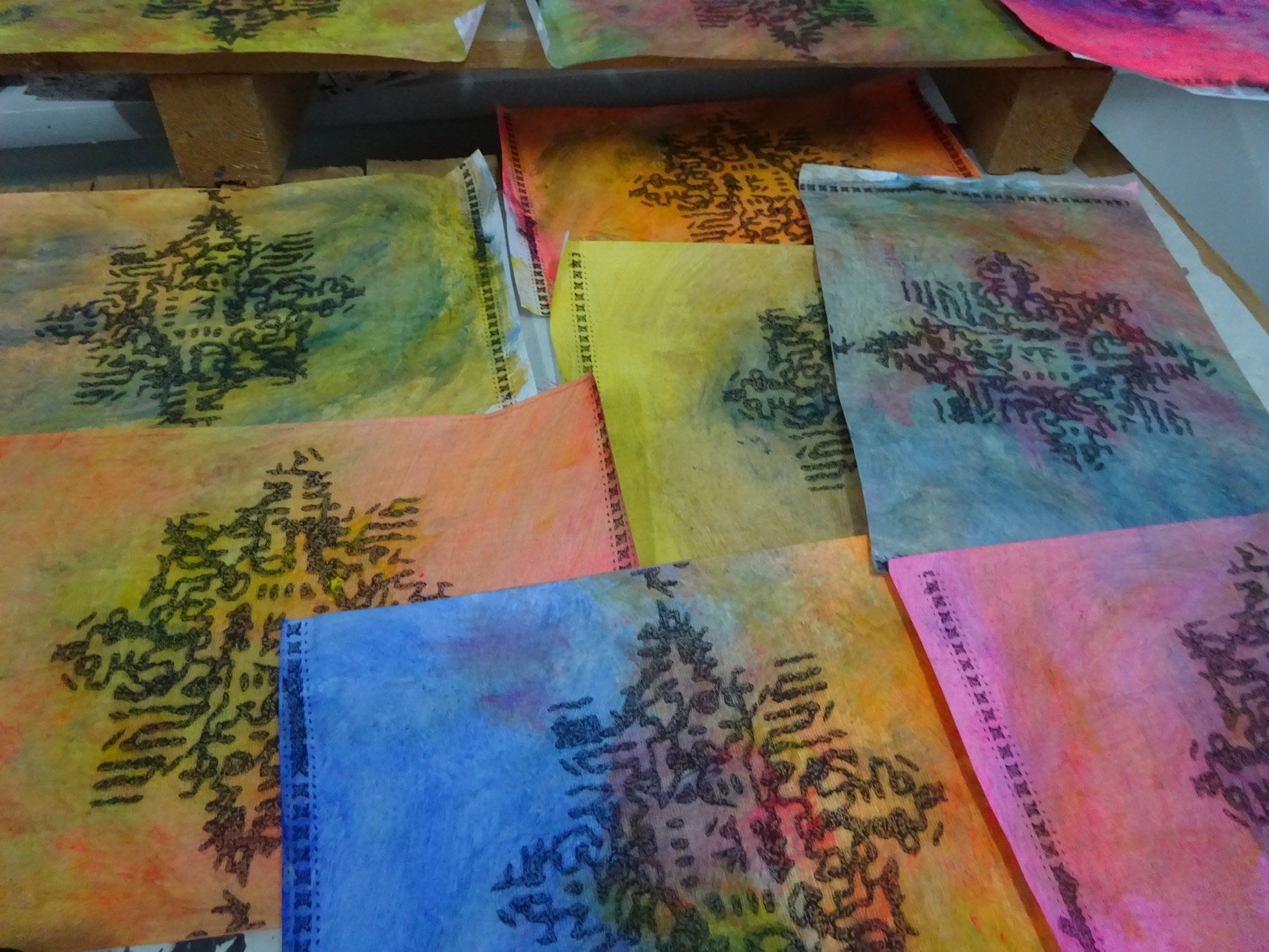 work in progress - studio - coloured black & white fotocopy of handcrafted textile b-sides embroidery 2020