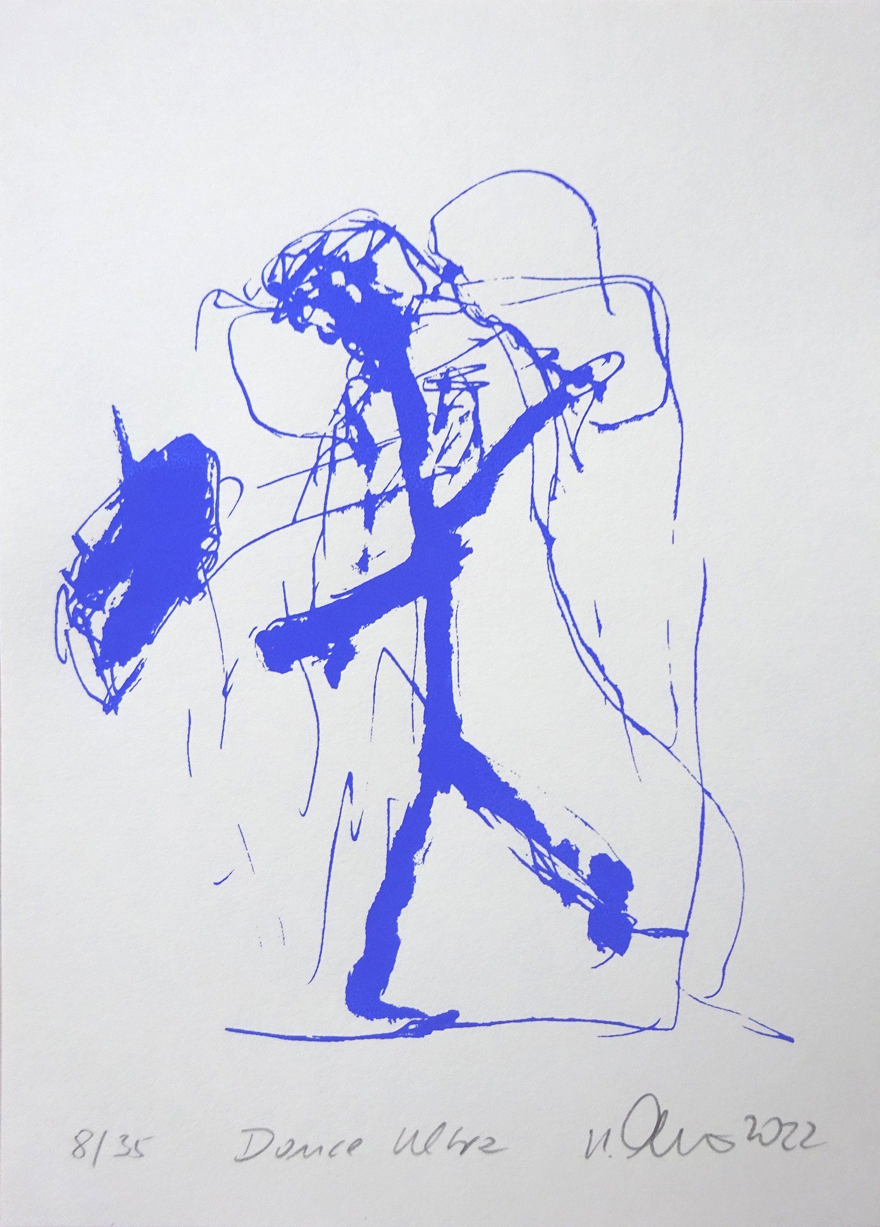 Dance Ultramarin, silkscreen edition 35, gouache on bookprintingpaper, 15 x 21 cm, 2022, sold out