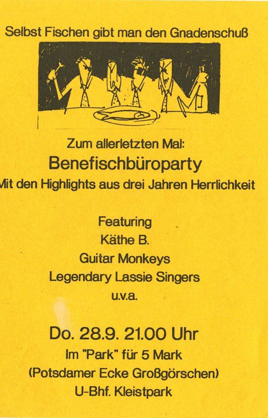 Flyer Fischbüro, drawing by David Boysen, announcing guitar monkey concert, 1987 Berlin-Schöneberg, Fischbüro