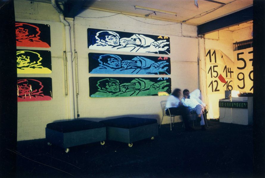 Kung Fu Fighters, clubartposter serie , acryl (fluo), latex on paper, installation view, Betty Stürmer ist Betty Party, 1998, Frankfurt a. Main
