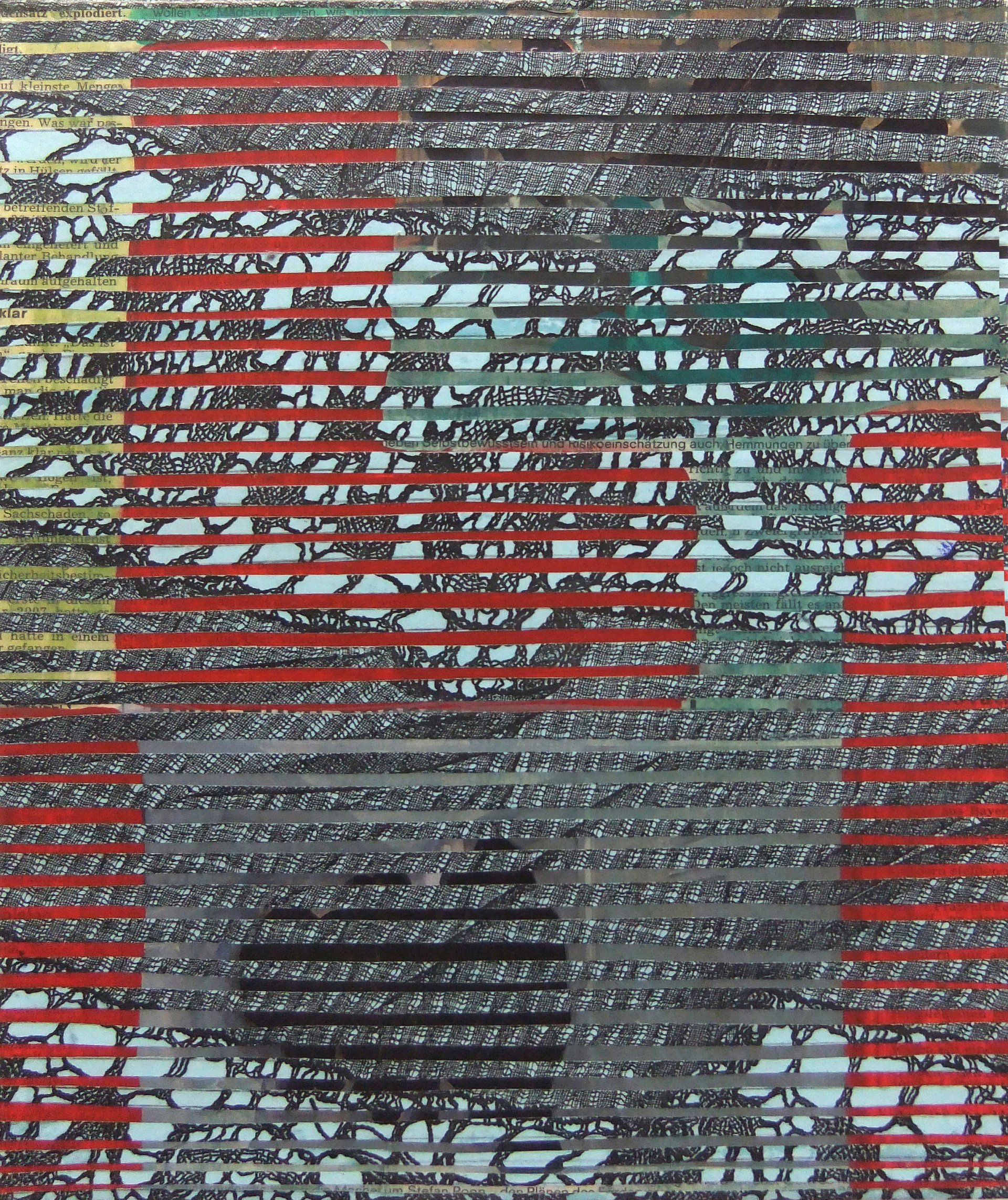 knitter türkis, multituned 24 x30 cm remix black & white fotocopied textile patterns, newspaper, acryl on canvas, 2008 Betty Stürmer, painting, collage