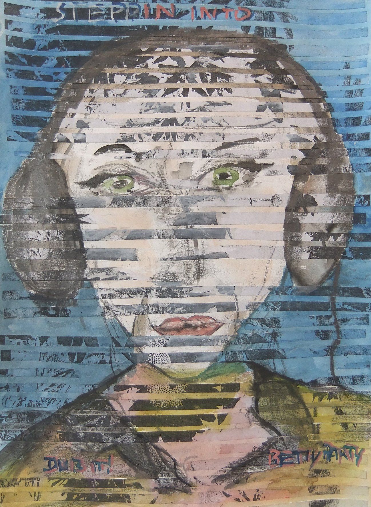 DJ Selfportraet, black & white fotocopy, watercolour on paper, rollage, 30x42 cm, exhibition Me, Myself and I, Schauraum Berlin, curated by Danielle de Picciotto, 2013, in a private collection selfportraet, Betty Stürmer