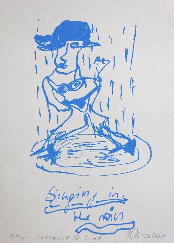 singing in the rain, handprinted silkscreen, edition 50, 16 x 22 cm, lascaux gouache on bookprinting paper, 2021