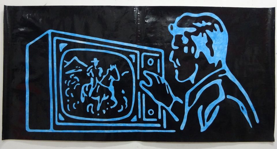 man with television, acryl (fluo), latex on paper, 85 x 170 cm, 1996 clubculture, fluoreszend painting