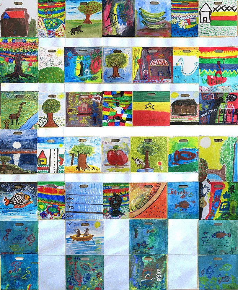paperbag works by children from workshops at Chance for Children & Nubuke Foundation arranged in the Adinkra sign (Ashanti symbols) NKYINKYIM, 2016