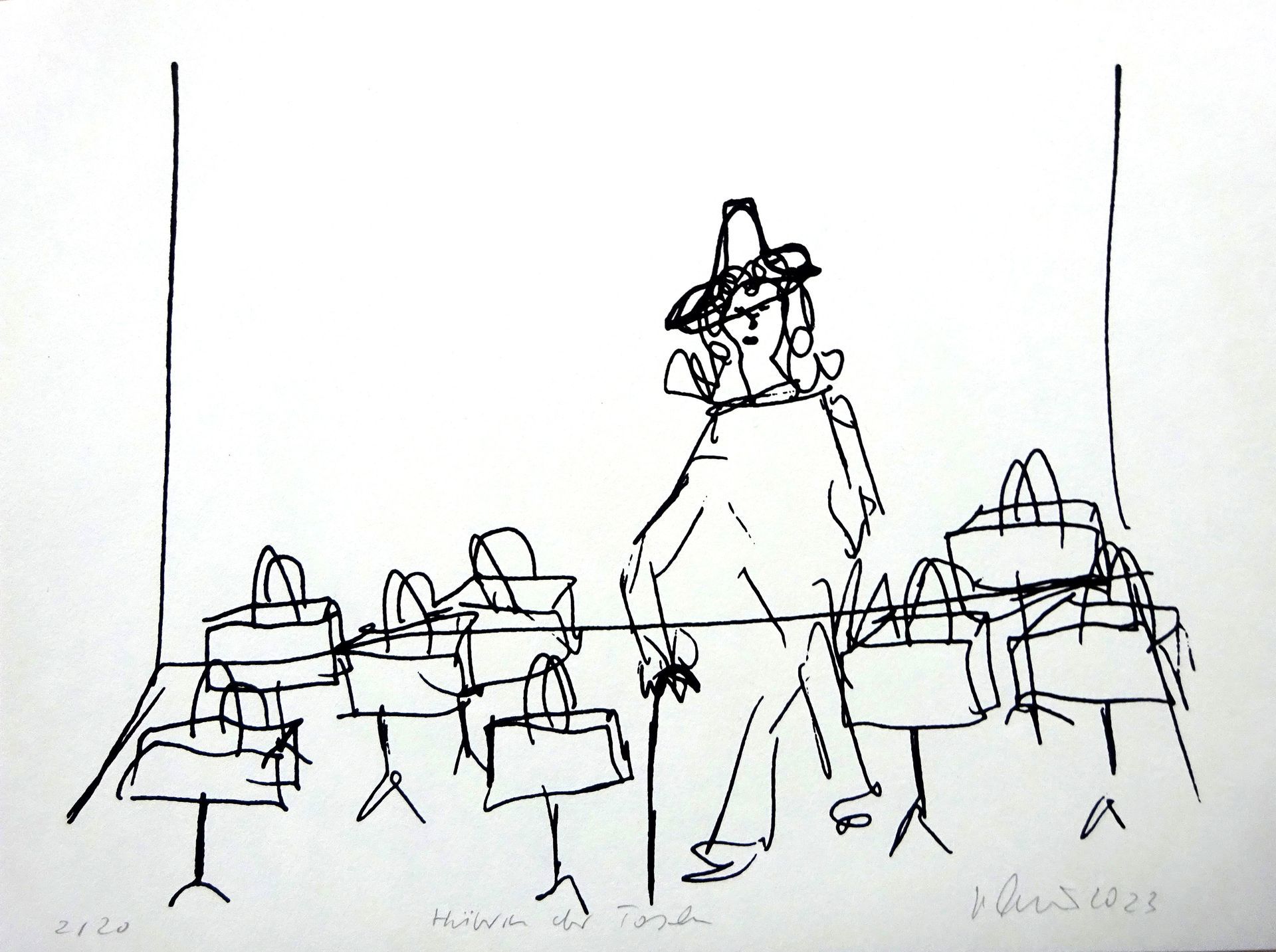 guardian of the bags-Szenegirl XVII-silkscreen-lascaux gouache on bookprintingpaper-edition 20-18x24cm-2023