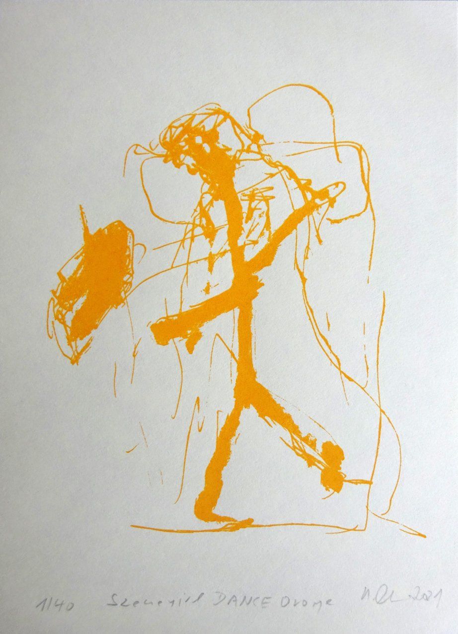 dance orange, szenegirl silkscreen edition 15 x21 cm, goauche on bookprintingpaper, light resistant, edition 40, 2021, sold out