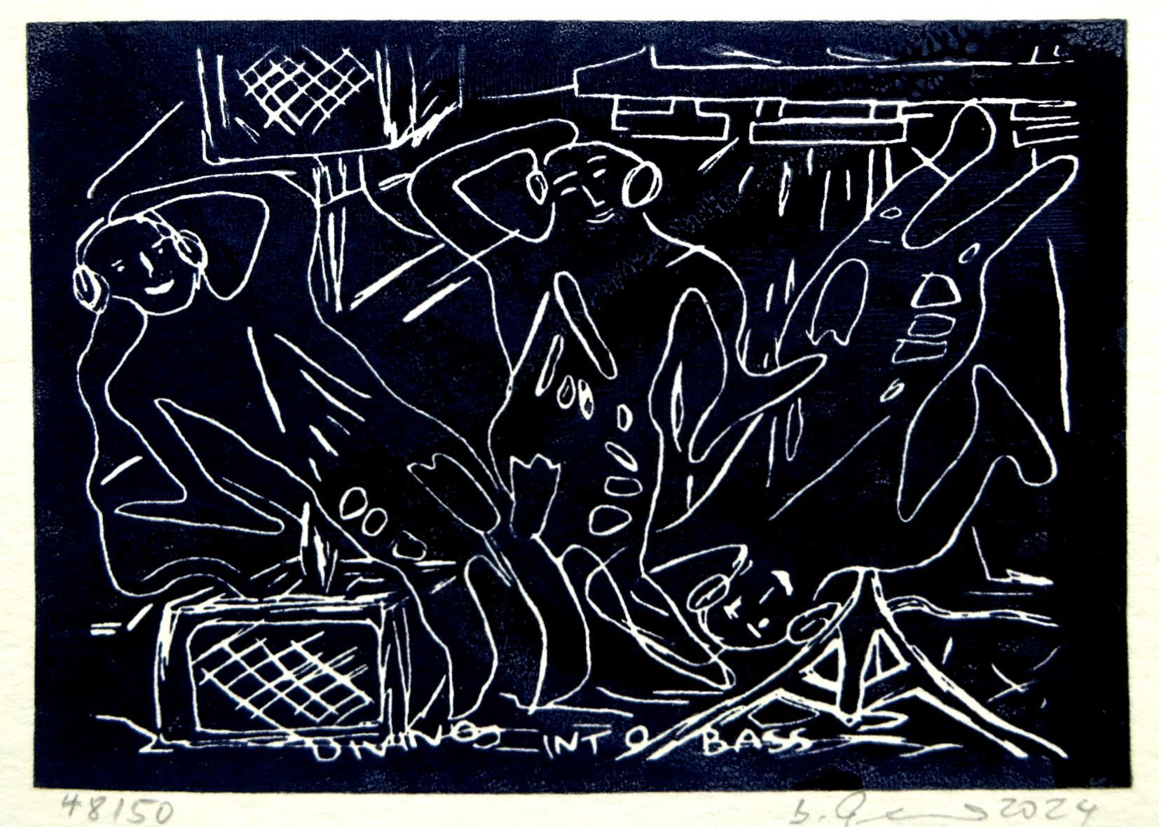 diving into bass, silkscreen edition 50, 10x14cm, lascaux gouache on 300gr paper, 2024