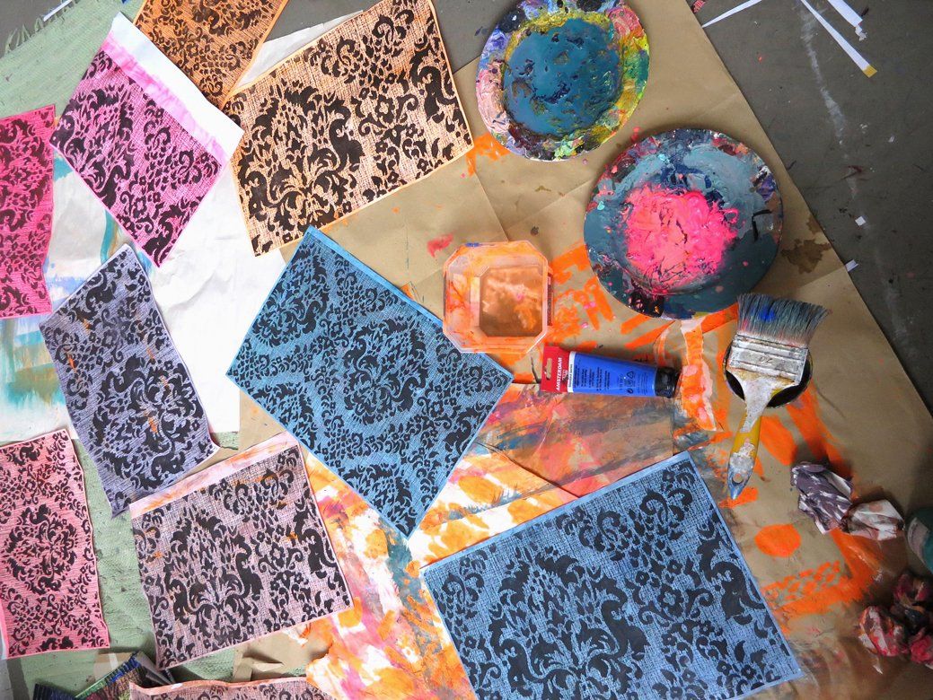 studio work in progress - colouring the black & white fotocopys of textile patterns