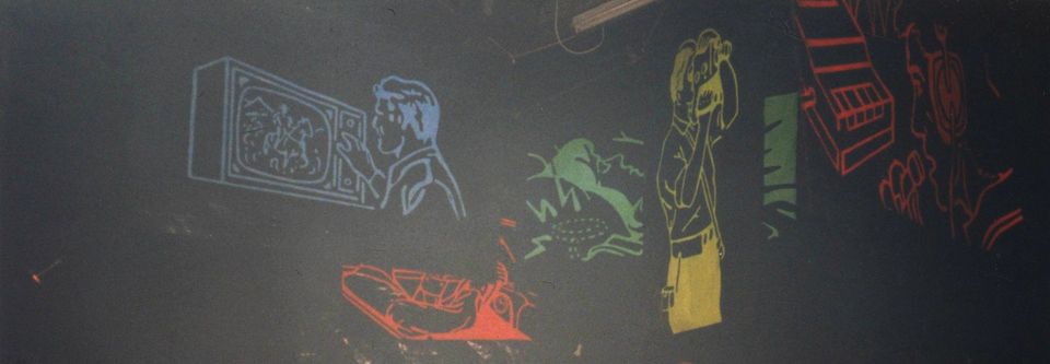 installation view, Kommunikationsplakate, visuals to Electric Ballroom, SO 36, Berlin-Kreuzberg club culture, berlin, club decoration 90er, techno, visuals