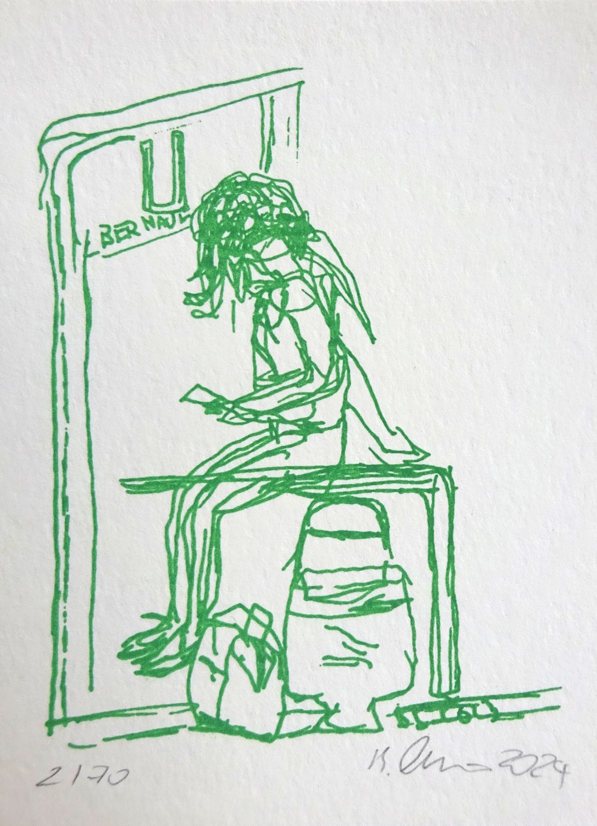 mobile girl, silkscreen, 10 x 14 cm, edition 70, lascaux gouache on 300 gr. paper, 2024
