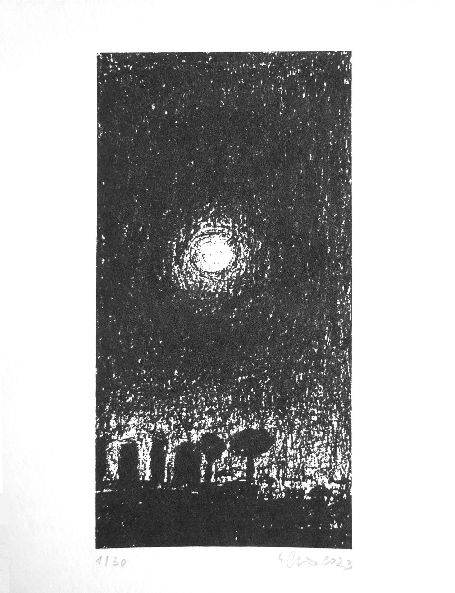 Moon over Paris, silkscreen, 10 x 14 cm, edition 30, lascaux goauche on 300 gr paper, 2023