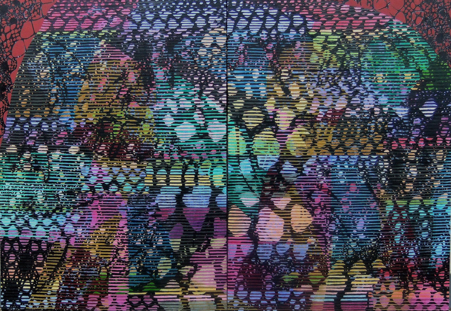 dubstep sequence, 210 x 135 cm, 2 parts, acryl, black & white fotocopy on canvas, 2014 Betty Stürmer, painting, collage, dubstep