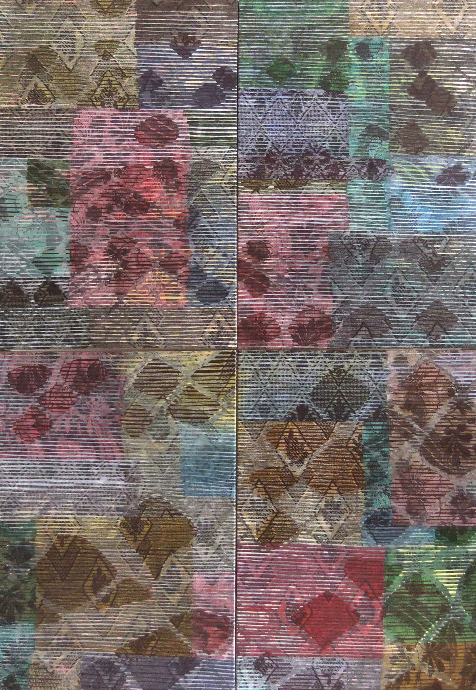 hommage à july , 4-parts , 160 x 120 cm, acryl, newspaper, black & white fotocopy on canvas, 2011 Betty Stürmer, remix, painting, collage