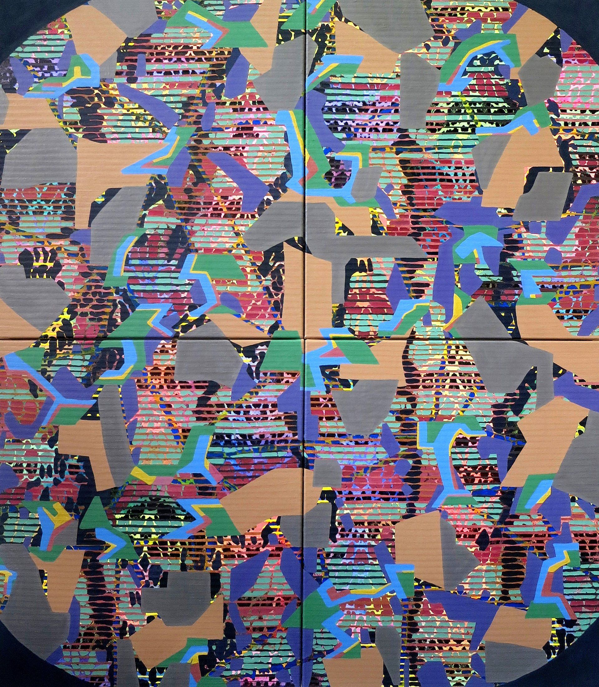 planet multituned big 1, 150 x 170 cm, 4-parts, acryl,  black & white fotocopy on canvas, 2017 Betty Stürmer, abstract art