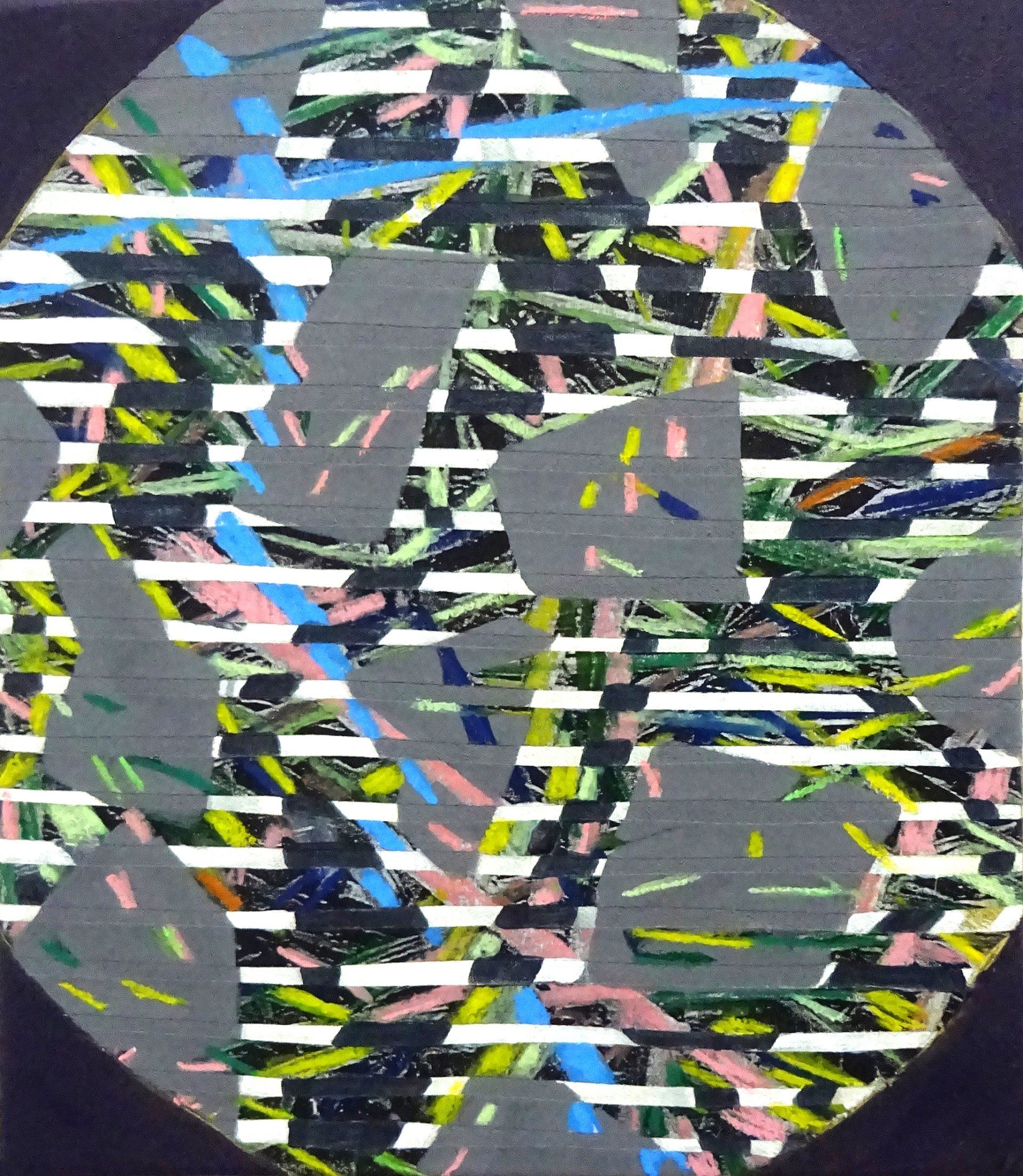 planet sounds grey, 2021, 30 x35 cm, black & white fotocopy, acryl, neo pastell on canvas abstract art, glitch art, Betty Stürmer