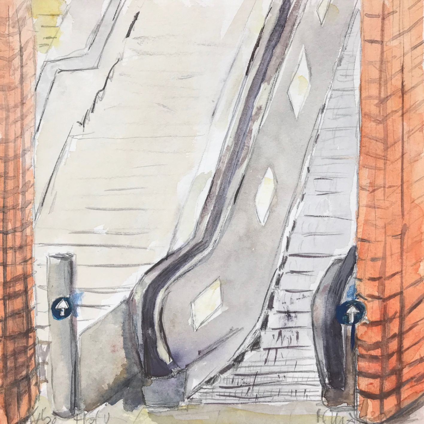 U-Bahn Station Nürnberg Hauptbahnhof, watercolour, 24x32cm, 2022