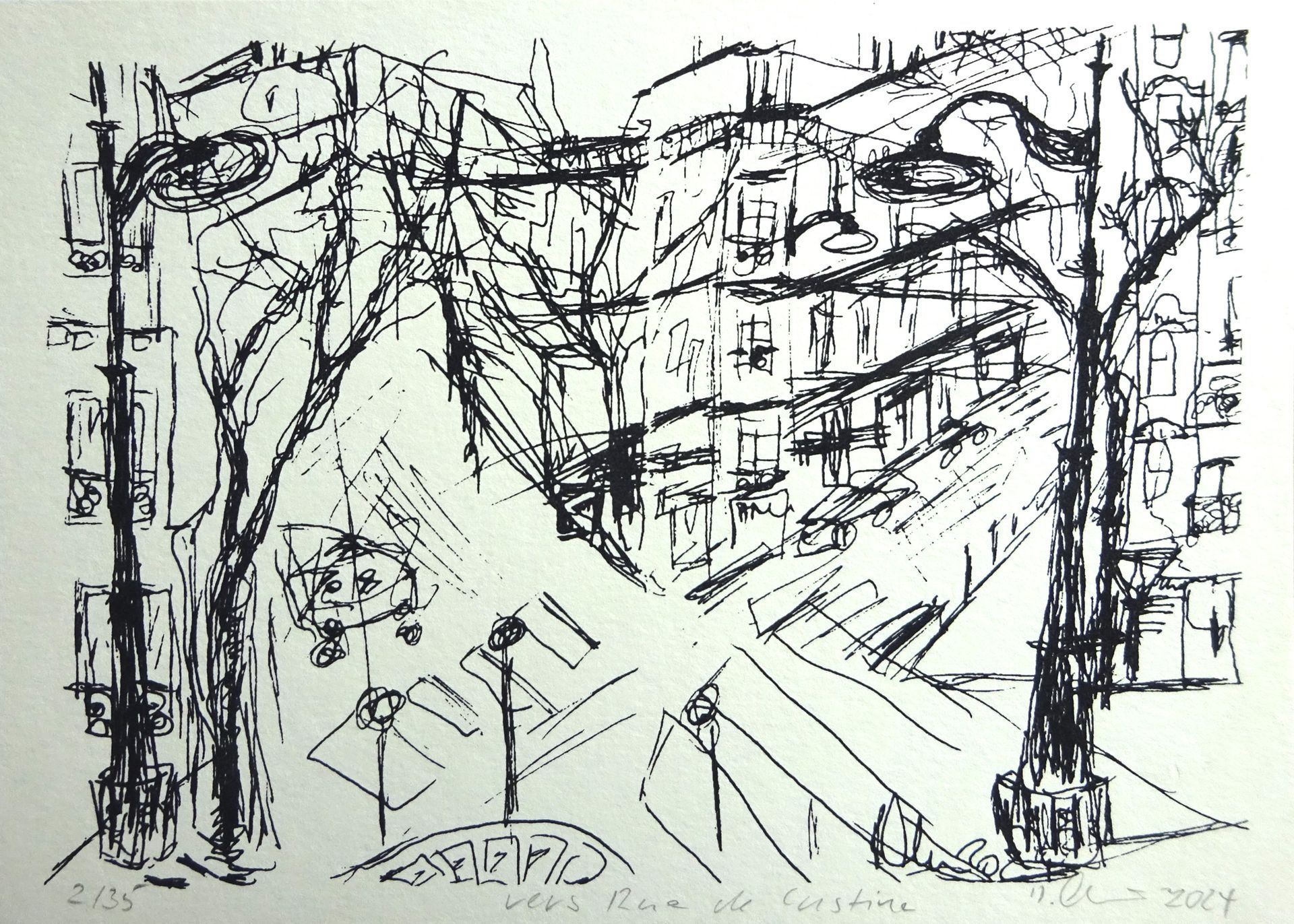 vers Rue de custine, Paris, silkscreen edition 35, lascaux gouache on 300 gr, 15x21cm, 2024