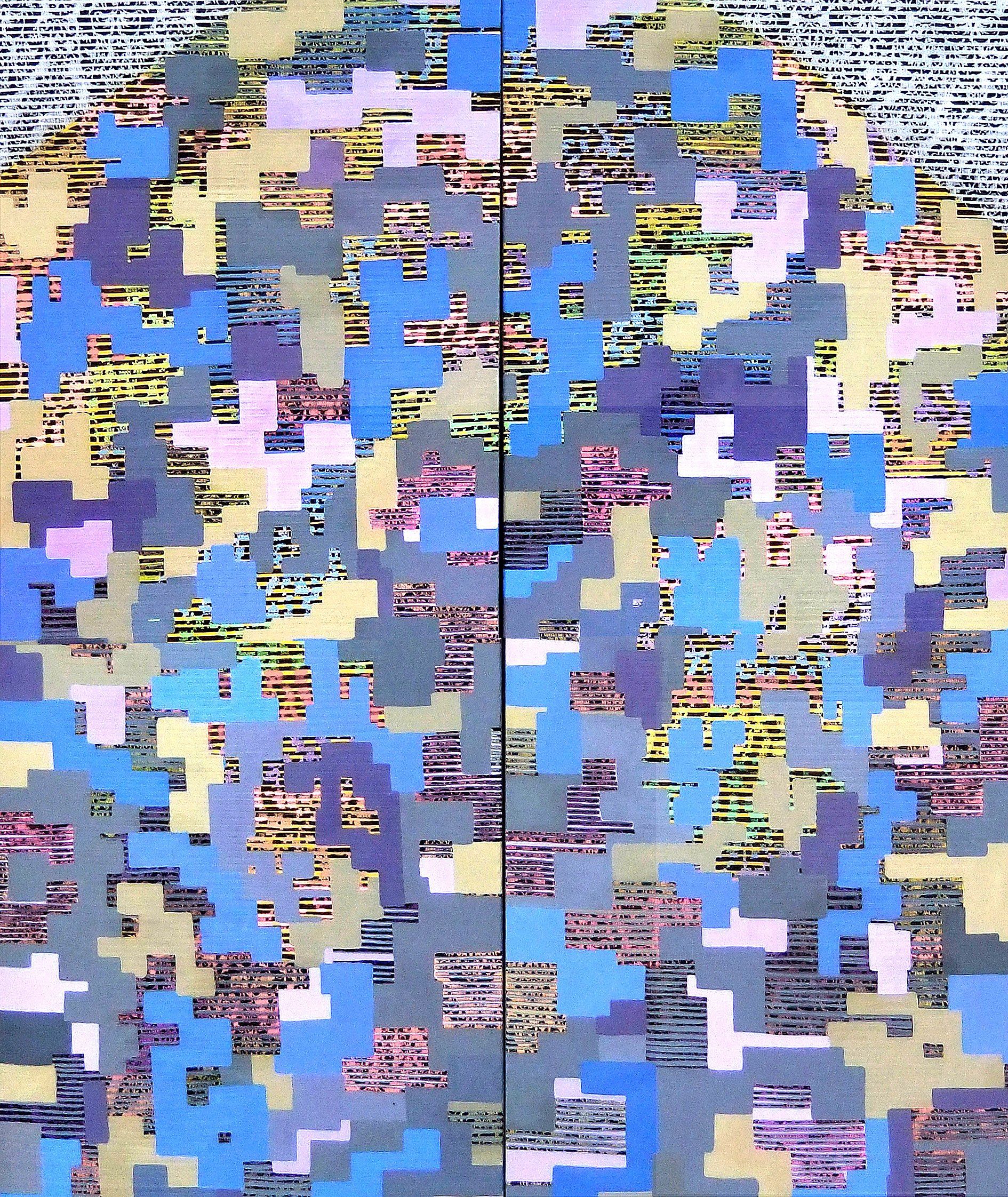 webstep, 160x 190 cm, 2 parts, acryl, black & white fotocopy on canvas, 2015 Betty Stürmer, painting Collage, painted electronic music