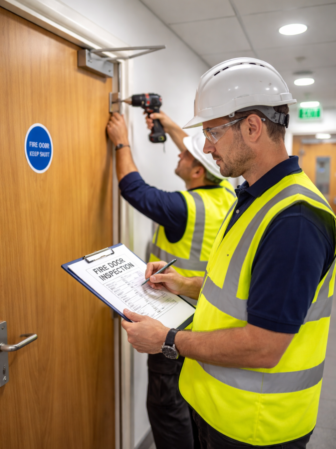 Fire safety engineers checking a compliant fire door and hardware to meet UK fire regulations