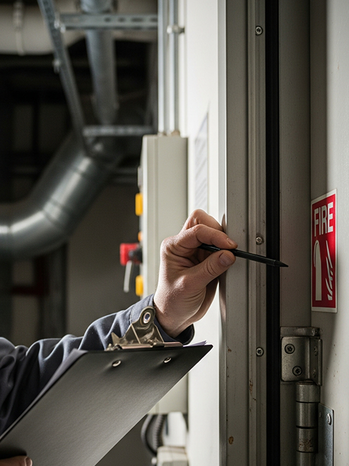 Fire door inspection carried out by certified fire safety professionals in a UK commercial building