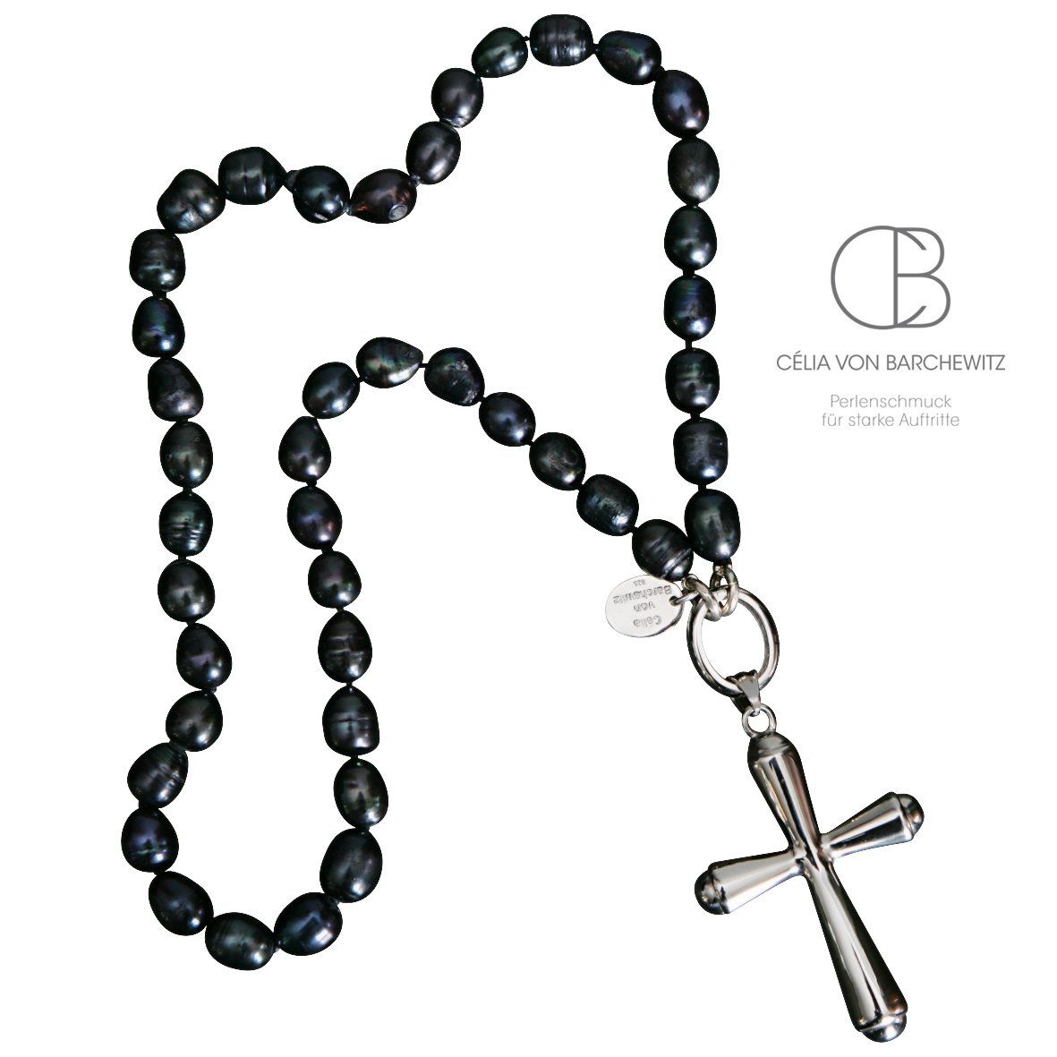 Perlenkette schwarz mit Anhänger Kreuz