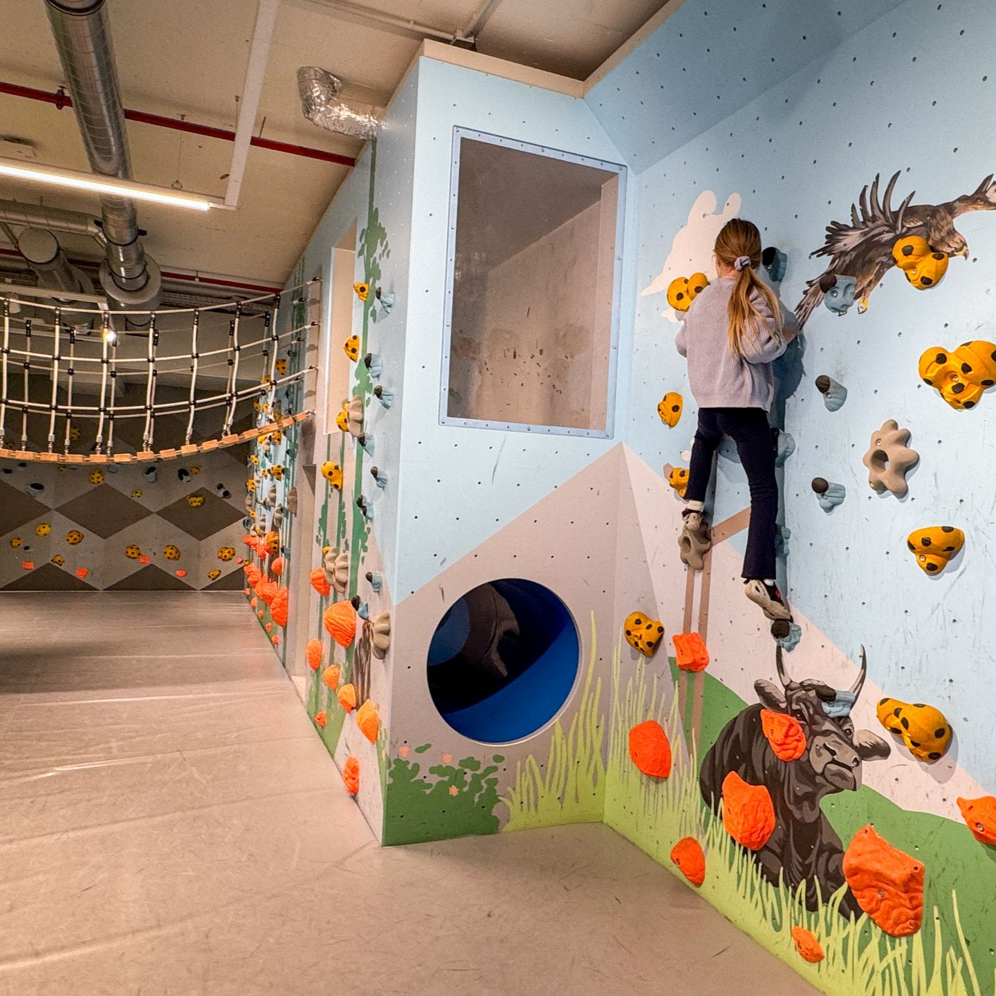 Kindergeburtstag Mädchen klettert an einer Wand in der Boulderwelt Hamburg
