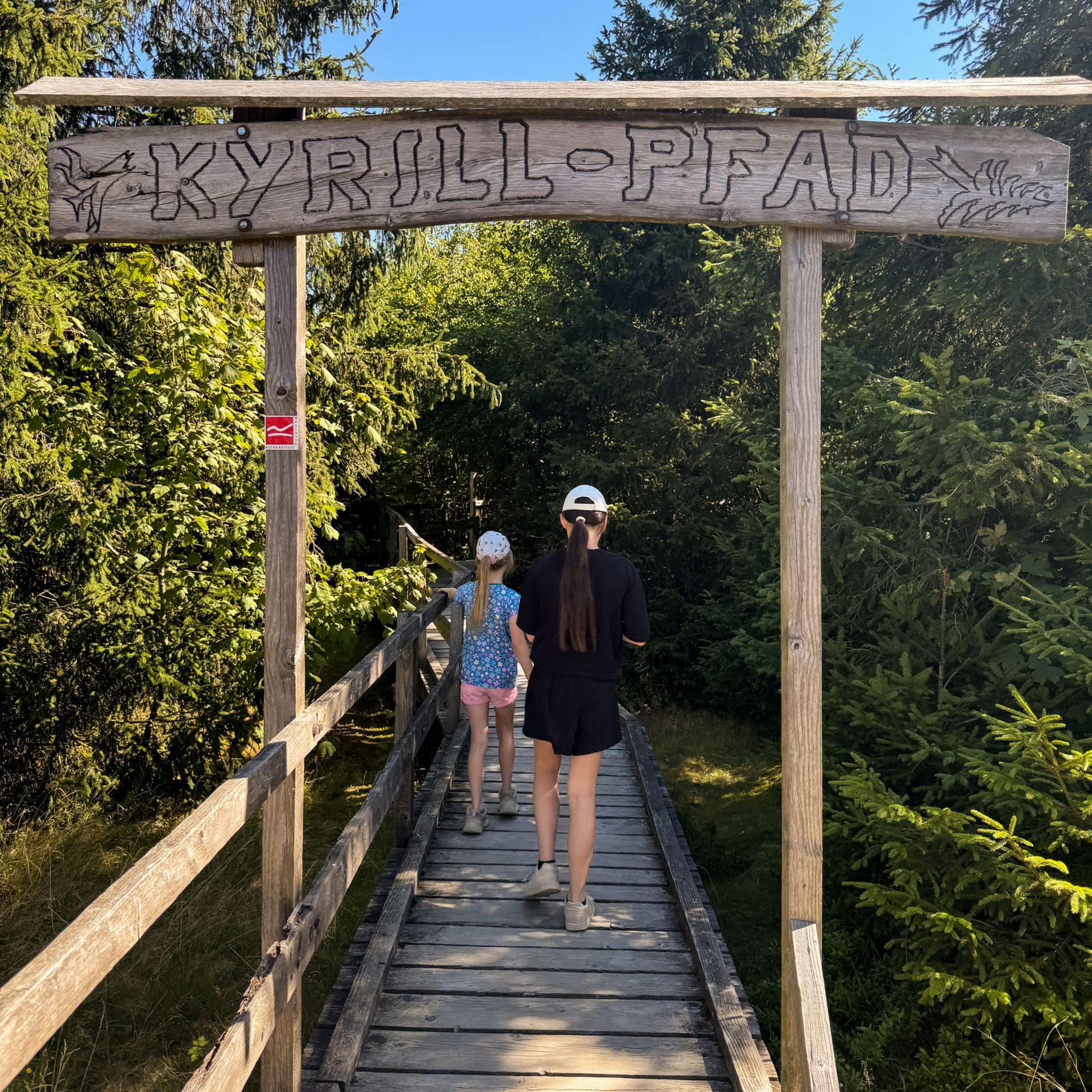 zwei Kinder gehen über den Bollenweg auf den Kyrill-Pfad