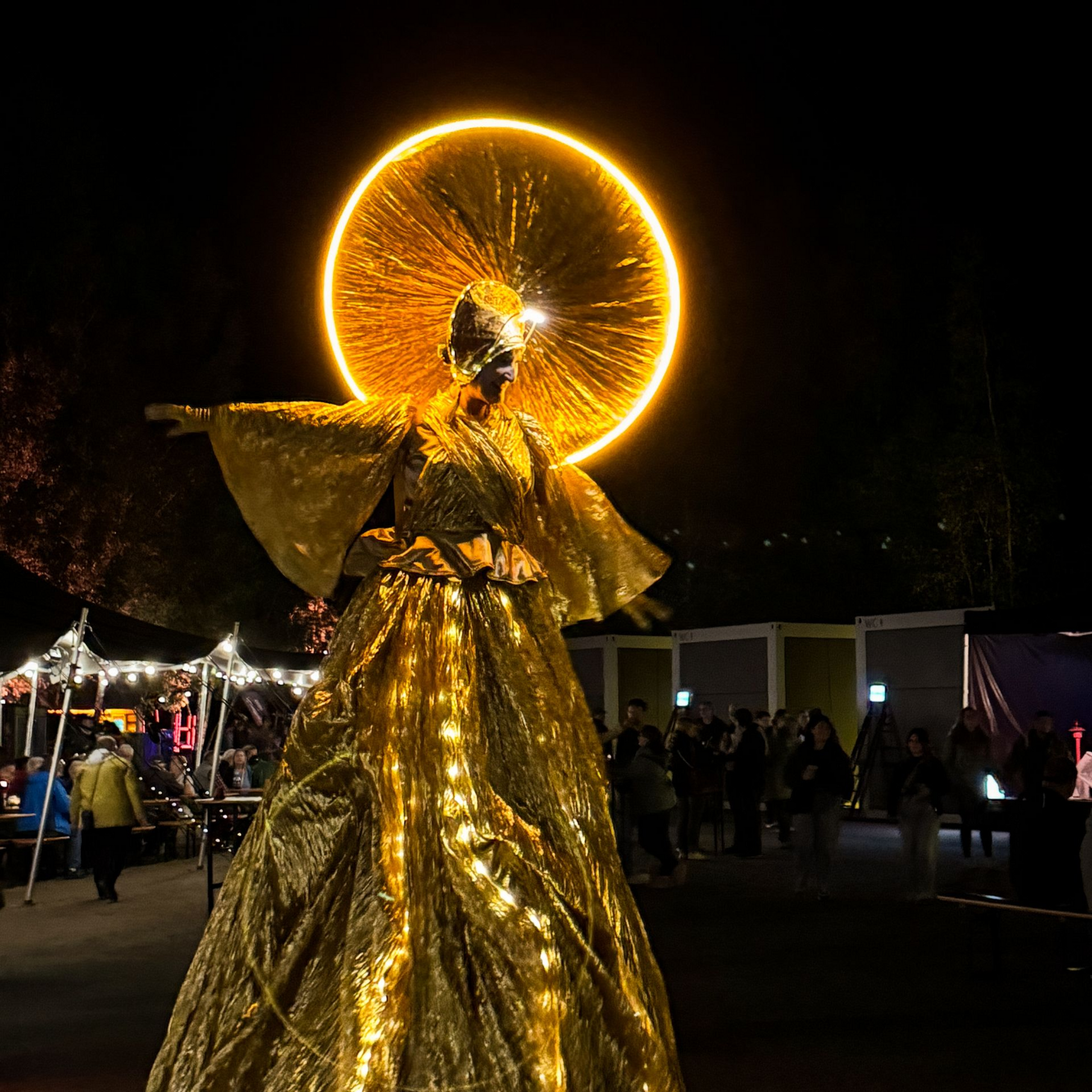 Blick auf eine goldene Stelzenläuferin