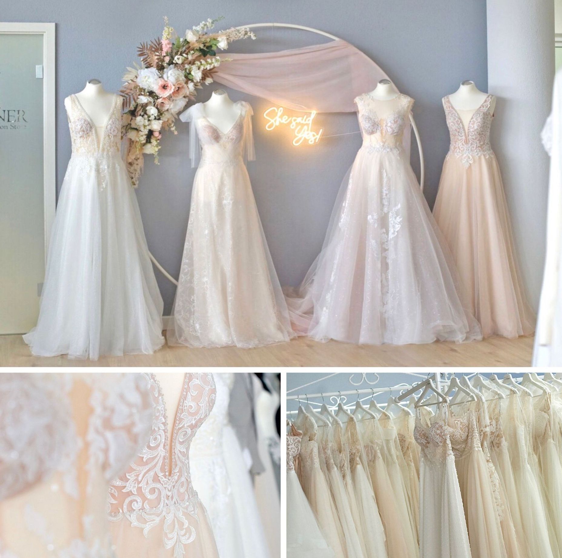 Bildcollage:
Bild oben (Hauptbild mit 4 Kleidern auf Puppen, Deko & Schriftzug):
Vier elegante Brautkleider in zarten Blushtönen und Ivory auf Schaufensterpuppen im Brautmodengeschäft Mr. & Mrs. Hübner nahe Hanau. Im Hintergrund florale Deko und der leuchtende Schriftzug