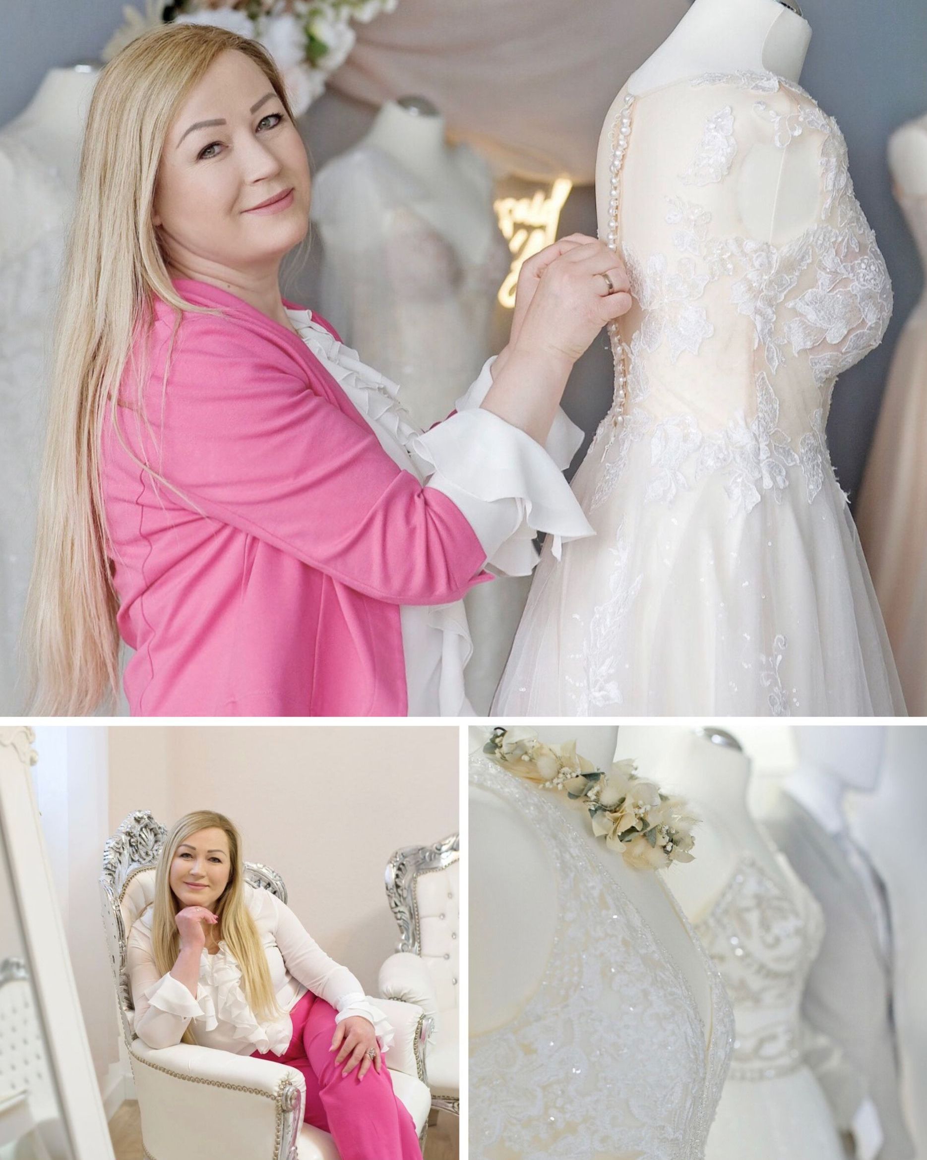 Collage aus dem Brautmodengeschäft Mr. & Mrs. Hübner nahe Wächtersbach: Oben ist Viktoria Hübner, die Inhaberin, zu sehen, wie sie mit viel Feingefühl ein elegantes Brautkleid auf einer Schaufensterpuppe absteckt – umgeben von weiteren Hochzeitskleidern in zarten Tönen. Darunter links sitzt Viktoria Hübner stilvoll gekleidet in einem weißen Barockstuhl, mit weißer Bluse und pinker Hose – ein Portrait, das ihre persönliche Ausstrahlung und Nähe zur Braut unterstreicht. Rechts daneben ein stimmungsvoller Bildausschnitt eines Brautkleids mit feiner Spitze und Blütenapplikation auf einer Puppe. Die gesamte Collage vermittelt die hochwertige Auswahl an Brautkleidern, die liebevolle Beratung und die stilvolle Atmosphäre im Brautmodengeschäft in Gründau – spezialisiert auf Brautmode, Hochzeitskleider und individuelle Anproben.
