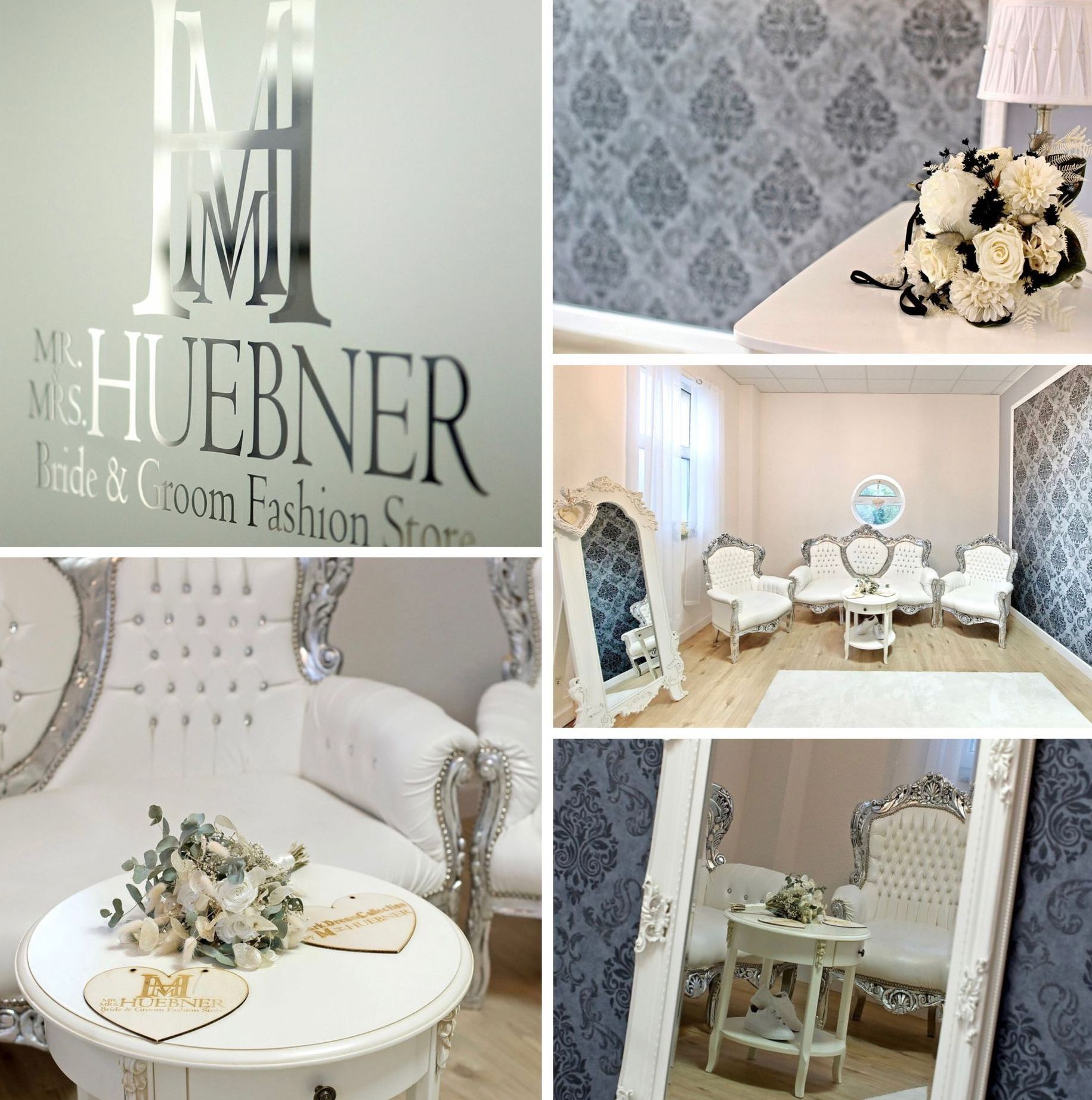 Stilvolle Collage aus dem Brautmodengeschäft Mr. & Mrs. Hübner in Gründau. Links oben ist das silberne Logo „Mr. & Mrs. Hübner – Bride & Groom Fashion Store“ auf Glas zu sehen. Rechts daneben ein eleganter Blumenstrauß auf weißem Tisch vor einer grau-blauen Barocktapete. Unten links eine Sitzszene mit weißen, gepolsterten Sesseln und einem runden Tisch mit Blumendeko und gravierten Holzherzen. In der Mitte ein heller Beratungsraum mit Spiegel und weißen Barockmöbeln. Rechts unten zeigt der Spiegelblick einen kleinen Sitzbereich mit zwei Stühlen und einem Tisch. Die Collage vermittelt die exklusive Atmosphäre des Brautmodengeschäfts in Gründau – liebevoll eingerichtet für persönliche Anproben und individuelle Brautmode-Beratung.