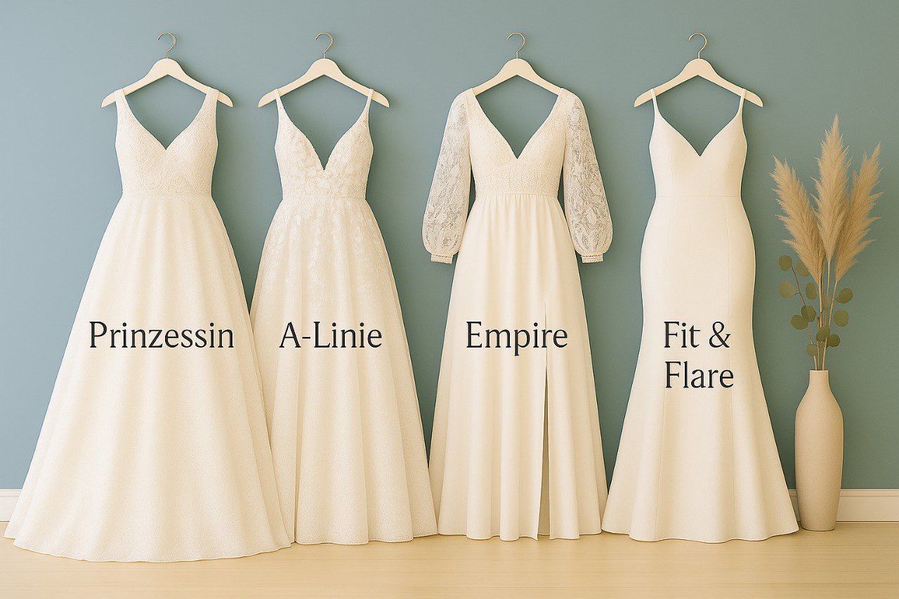 Das Bild zeigt vier Brautkleider auf Holzkleiderbügeln, die nebeneinander an einer blauen Wand hängen. Jedes Kleid repräsentiert einen anderen Schnitt. Von links nach rechts sind zu sehen:
	1.	Prinzessin: Ein voluminöses Kleid mit eng anliegendem Oberteil und weitem Rock – besonders romantisch und märchenhaft.
	2.	A-Linie: Ein Brautkleid mit figurbetontem Oberteil und leicht ausgestelltem Rock, der in A-Form nach unten fällt – schmeichelhaft für viele Figurtypen.
	3.	Empire: Ein Kleid mit hoher Taille direkt unter der Brust und fließendem Rock – ideal für Bräute, die einen lockeren und eleganten Stil bevorzugen.
	4.	Fit & Flare: Ein figurbetontes Kleid, das ab dem Oberschenkel leicht ausgestellt ist – für einen modernen, femininen Look.
Rechts im Bild steht eine schlichte Vase mit Pampasgras als stilvolles Dekoelement.
Alle gezeigten Brautkleiderschnitte – Prinzessin, A-Linie, Empire und Fit & Flare – sind erhältlich im Brautmodengeschäft Mr. & Mrs. Hübner in Gründau nahe Biebergemünd