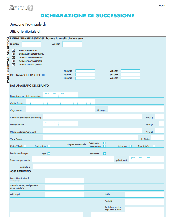 Italienisches Formular zur Erbschaftssteuererklärung (dichiarazione di successione) für Immobilienvererbung (Immobilienvererbung Italien) von der Finanzbehörde (agenzia delle entrate)