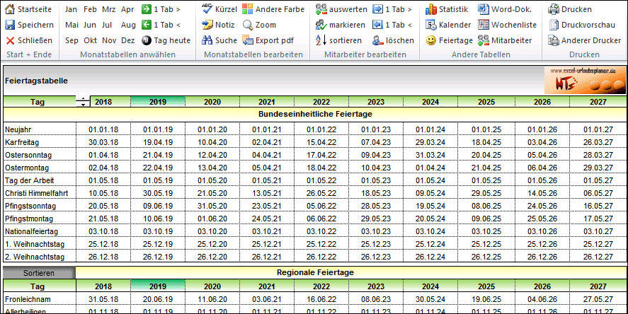 feiertagstabelle Urlaubsplaner Excel 2026 Feiertagstabelle