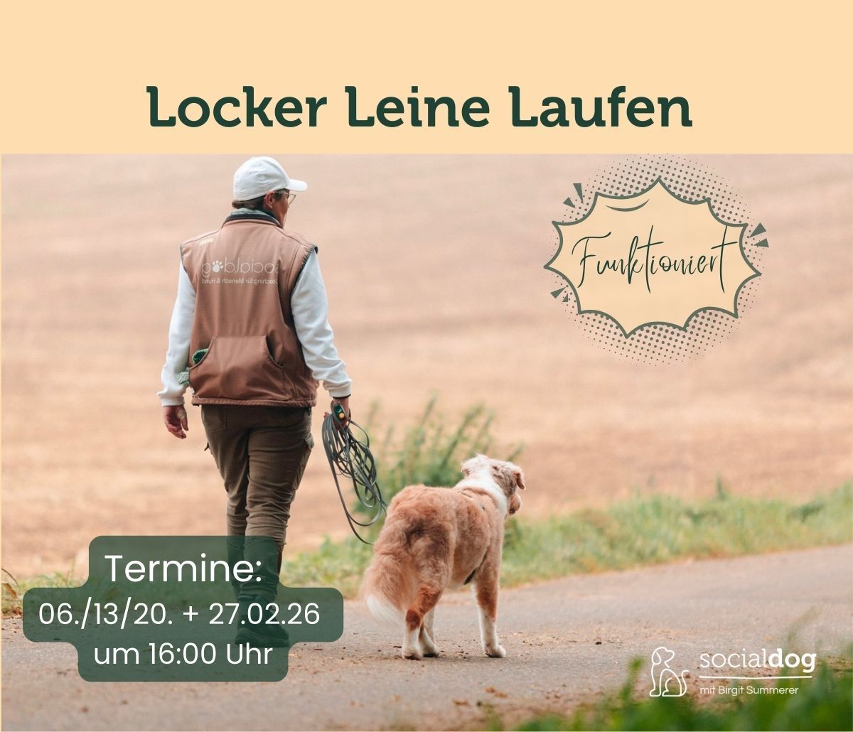 Hund läuft locker an der Leine mit dem Menschen