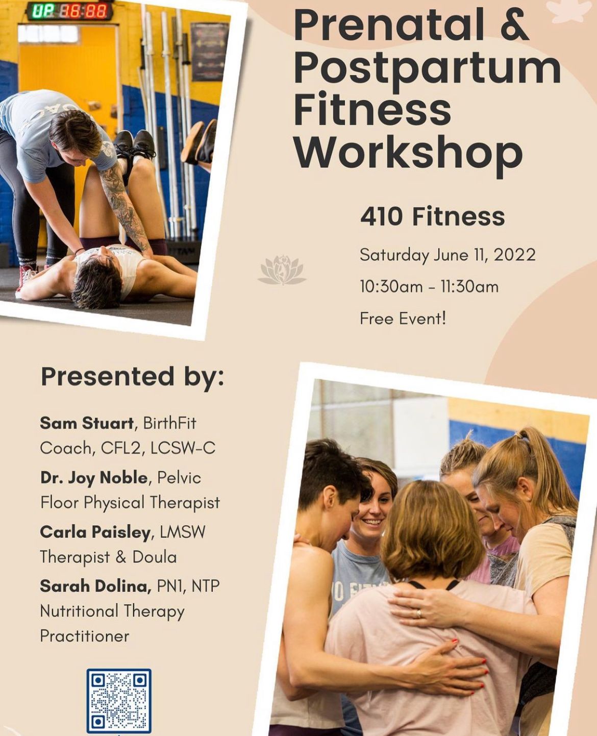 picture of womxn huddled around - flyer for exercise workshop