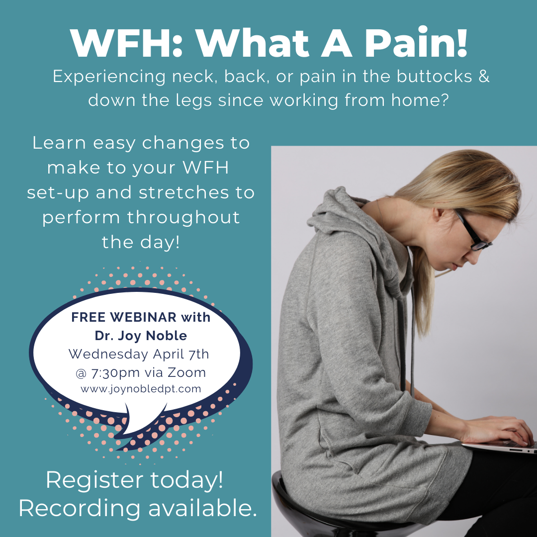 woman sitting at a computer with hunched posture - flyer for zoom webinar on work from home posture
