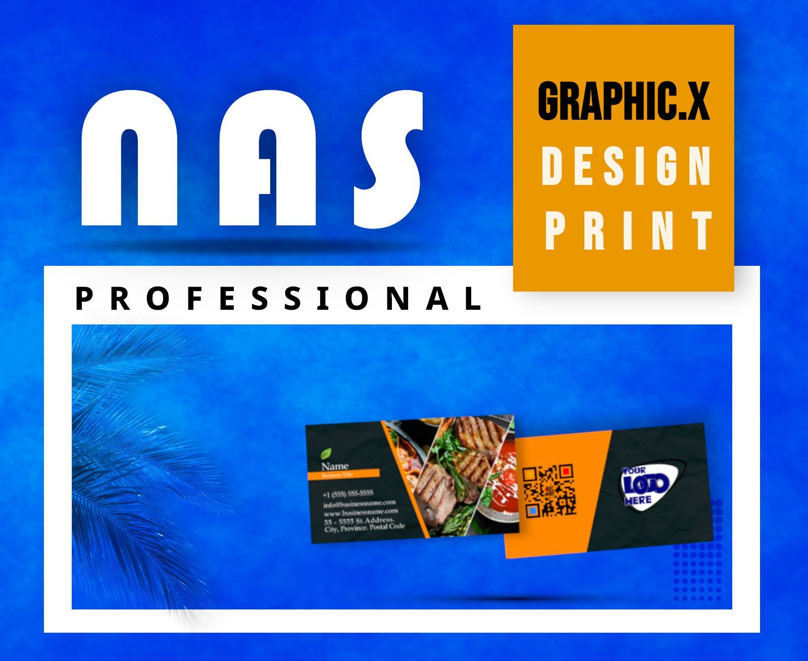Custom-designed business cards by NAS Graphic.X Studio, showcasing professional layouts and finishes on premium card stock.