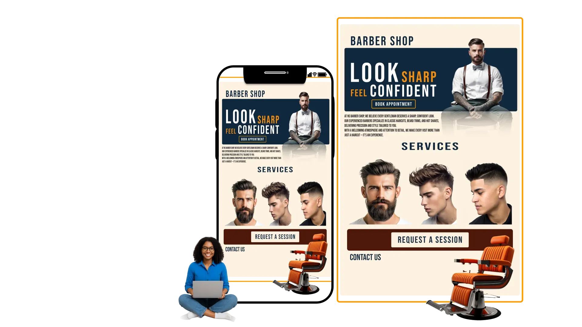 NAS GraphicX barbershop website mockup with desktop and mobile views, headline, and service images