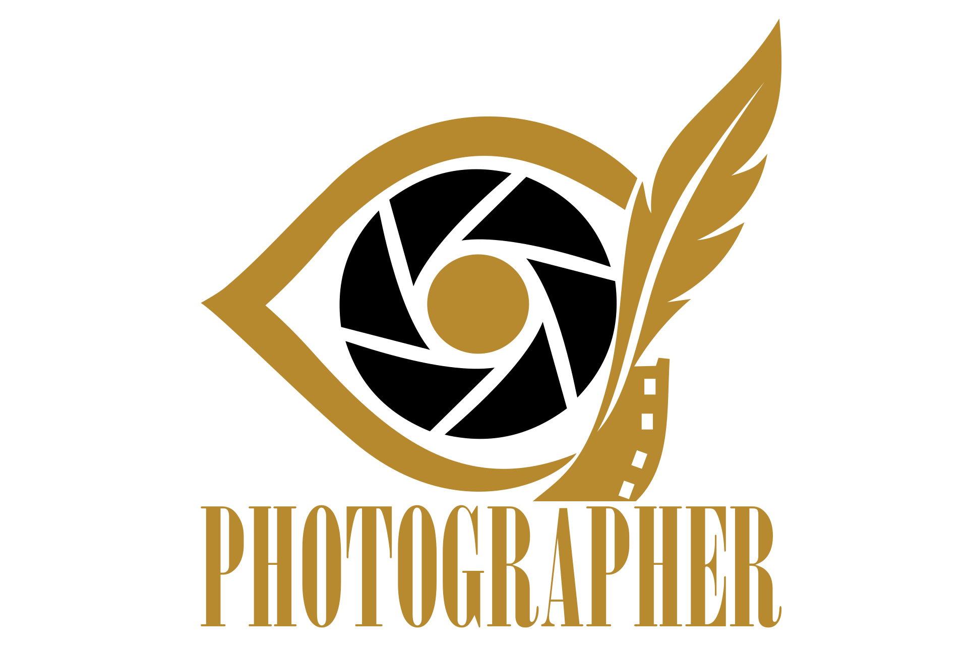 Eye-shaped camera aperture with quill and film strip over text ‘Photographer'