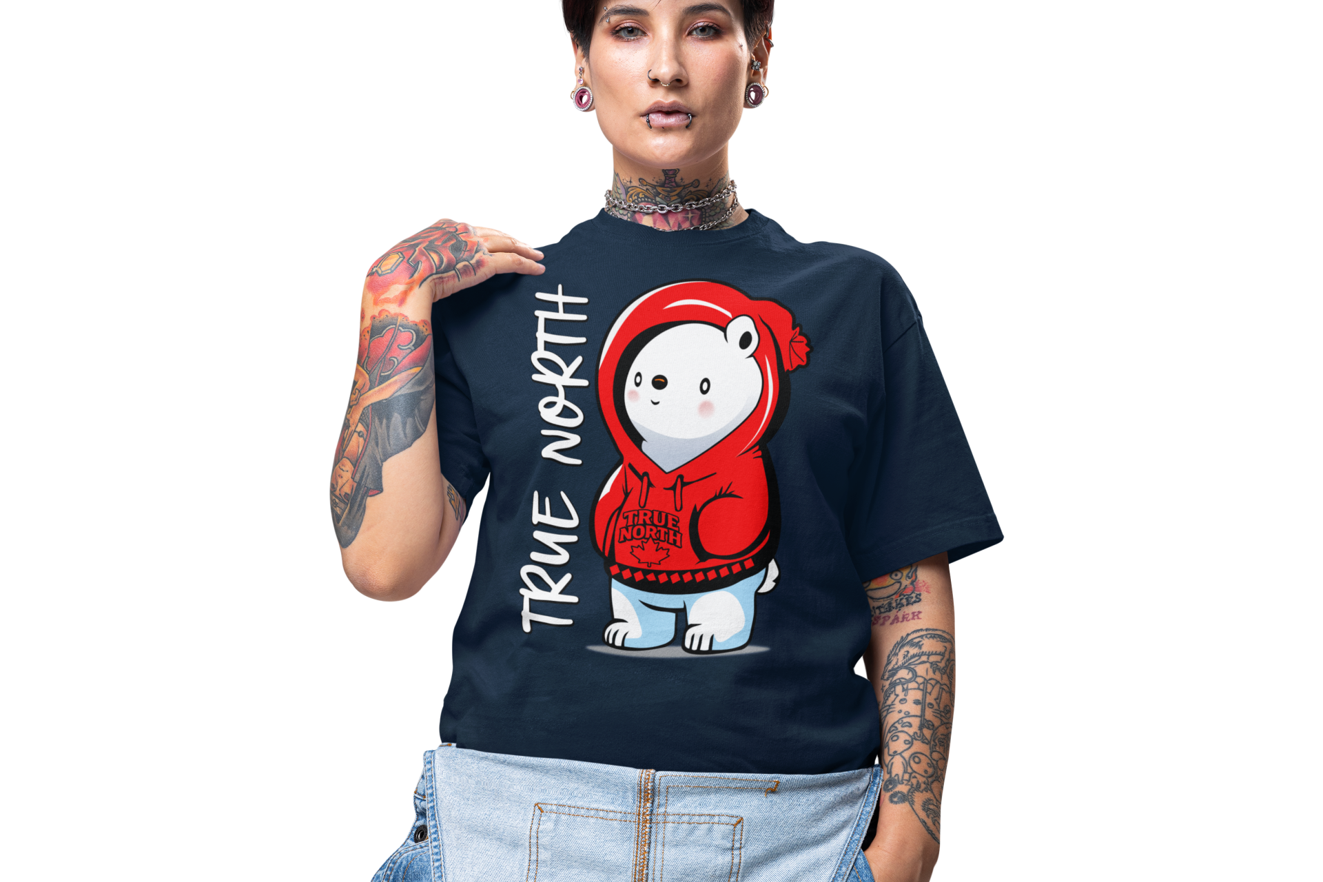 Unity Block True North Polar Bear T-Shirt in navy, designed by NAS GraphicX Studio. Cartoon bear in red hoodie with maple leaf, Canadian streetwear.
