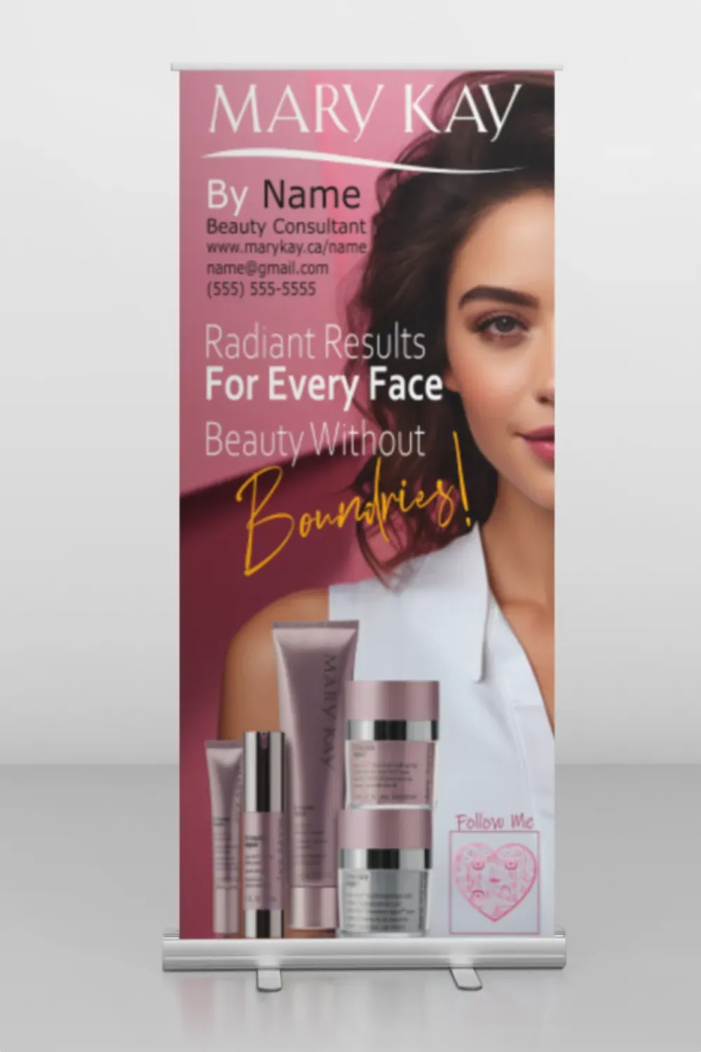 Pink beauty consultant roll-up banner featuring skincare products and model portrait.