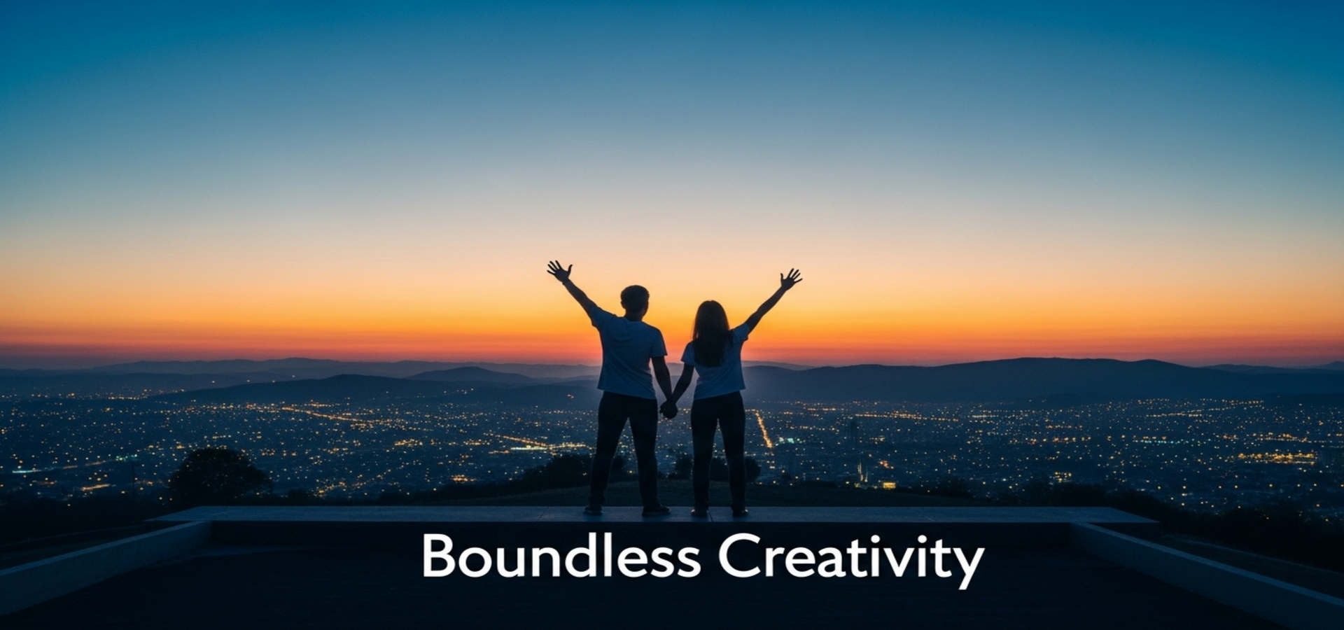 Silhouetted couple overlooking a city at sunset with the text “Boundless Creativity.
