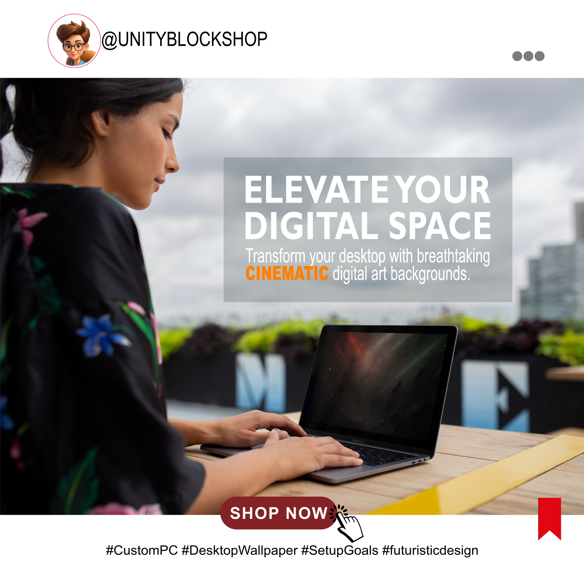 Woman using a laptop with a promotional banner for cinematic desktop wallpapers.
