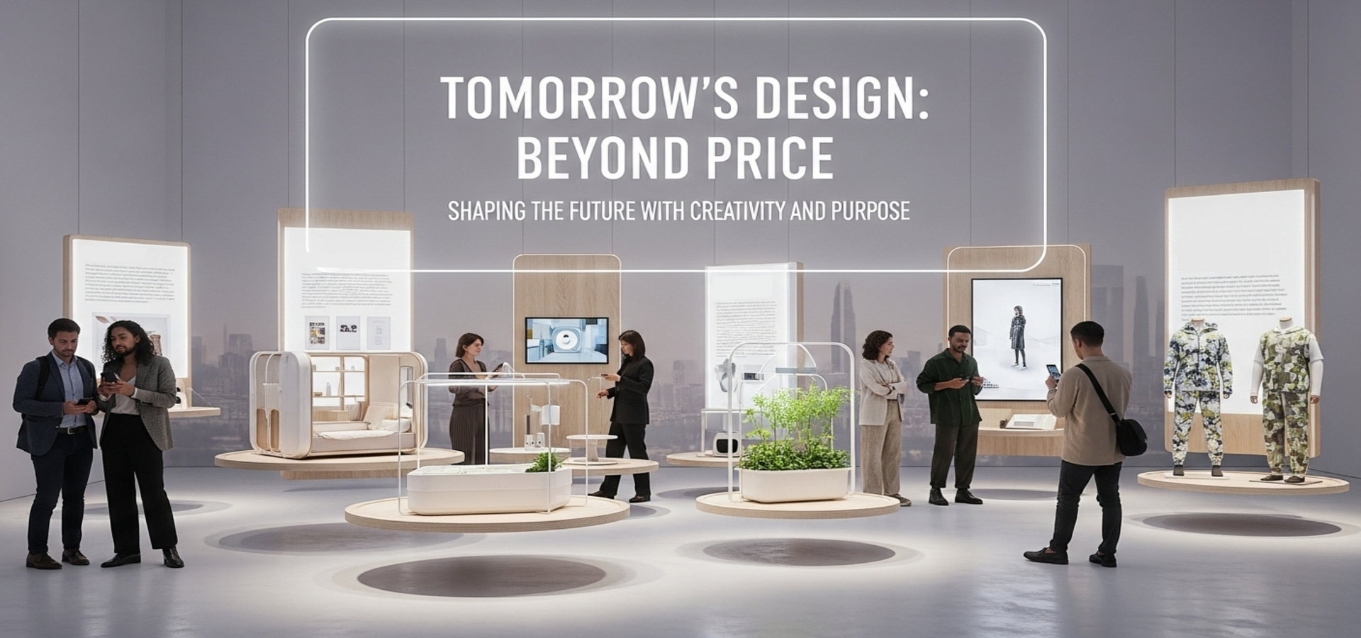Futuristic design exhibition with illuminated displays and people interacting in a modern gallery.