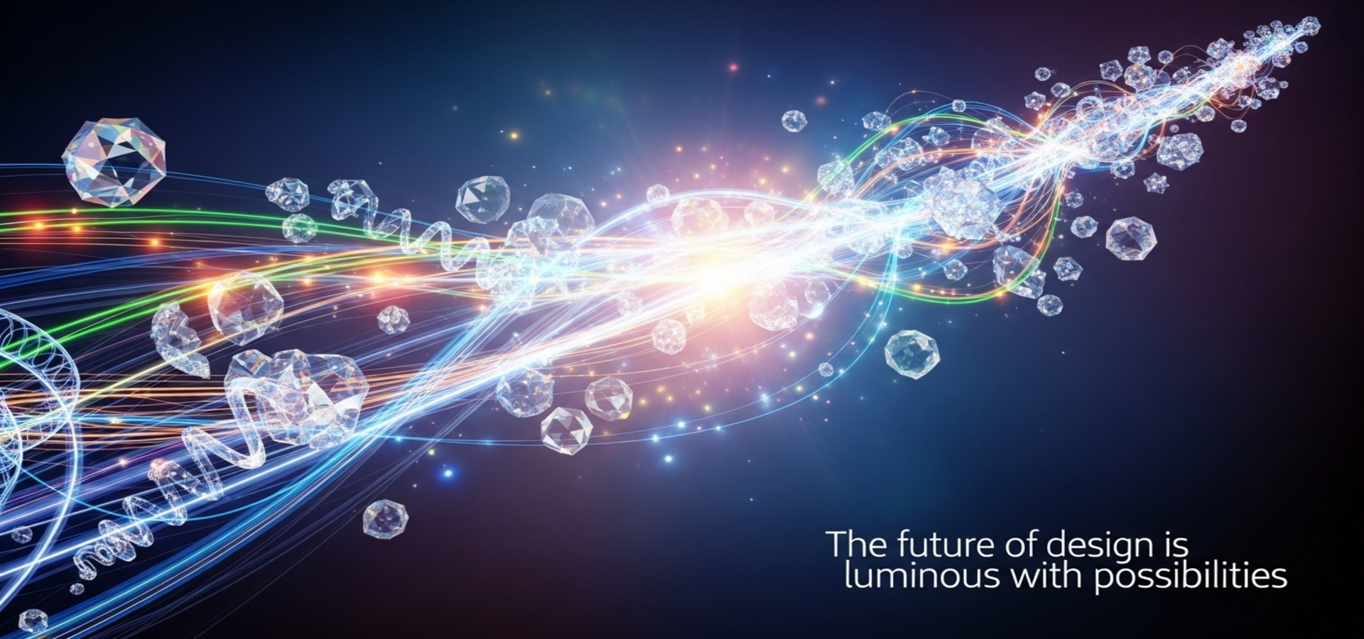 Bright abstract light trails and crystal-like shapes with the text “The future of design is luminous with possibilities.