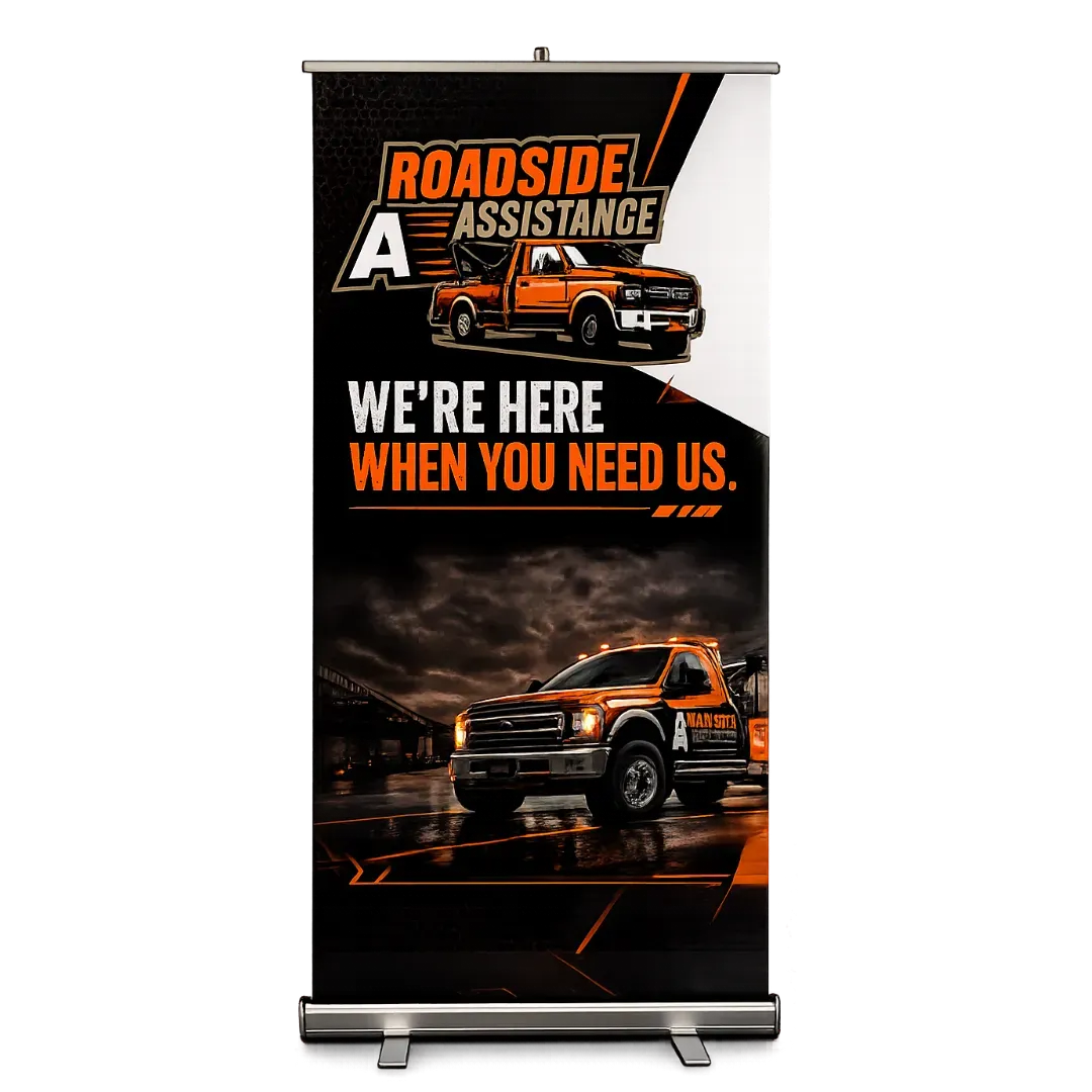 Professional roadside assistance roll-up banner designed by NAS GraphicX Studio